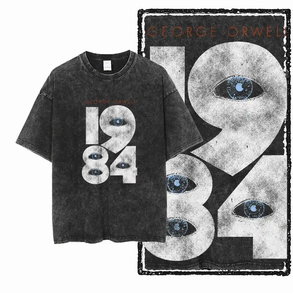 Women's Exclusive 100% Cotton Big Size 1984 Graphic Shortsleeve Tee, Acid Washed Streetwear Chic O-neck Cut Casual Athletic Top, No-Polyester Minimalist Vintage Short-Sleeve 4XL Crew Neck Unique Expression
