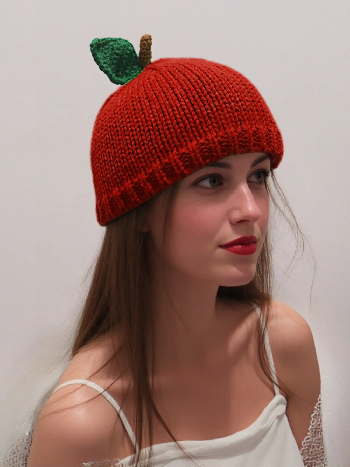 Handmade Knit Fruit Beanie with 3D Leaf & Stem, Cute Apple Lemon Green Apple Plum Hat, Y2K Dopamine Winter Cap, Novelty Christmas Eve Peace Apple Gift for Women & Girls