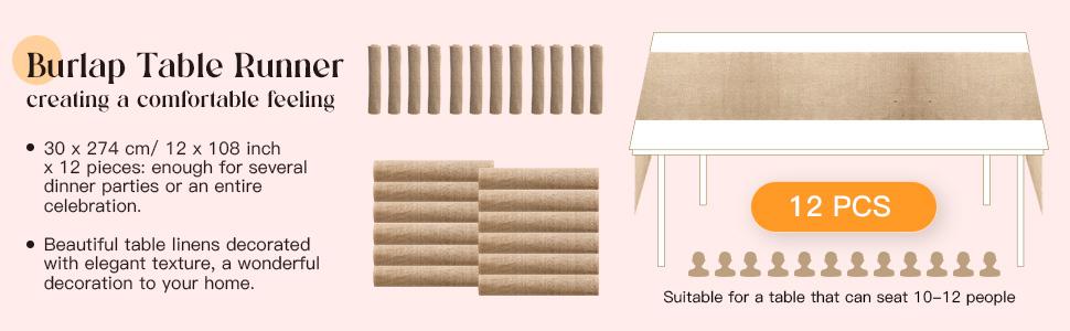 Burlap Table Farmhouse Khaki Jute Runner Rustic Wedding Burlap Table for Birthday Engagement Home Dining Decorations(12 Pack,12 x 108 Inch)