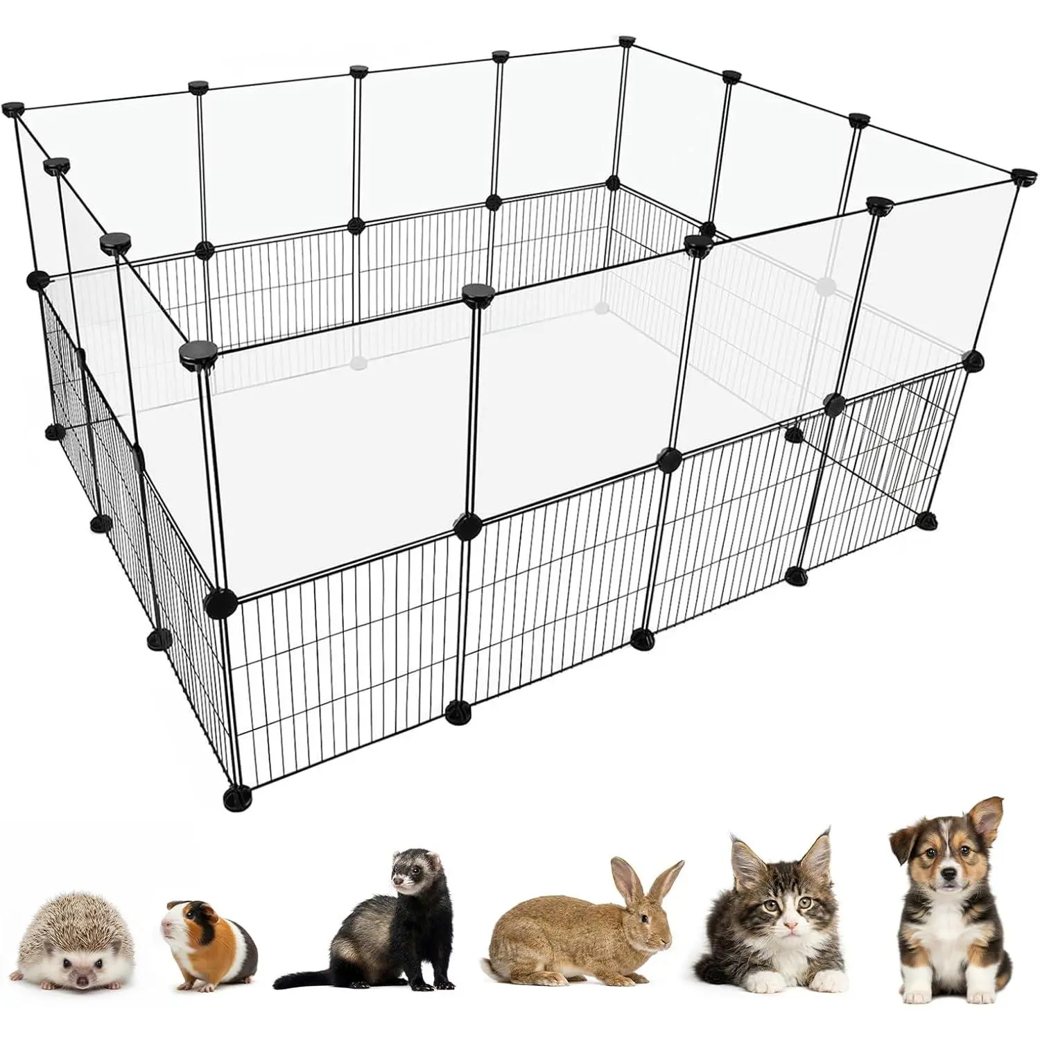 Playpen Indoor, Transparent Clear + Wire Small  Playpen, 28 Panels (11.8") DIY Plastic Enclosure, Expandable  Fence Indoor for Guinea Pigs, Bunny, Hedgehogs, Puppies & Kittens