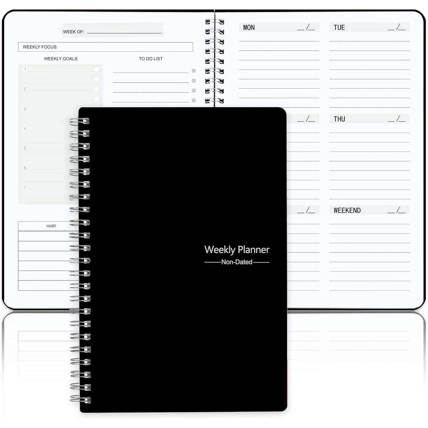 Undated Weekly Planner, Weekly Goals Notebook, A5  Planner, Habit  Journal with Spiral Binding, 5.7 x 8.0 in, Black