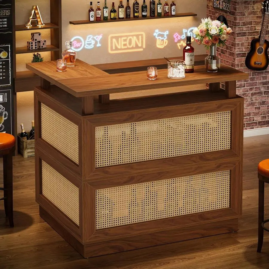 L Shaped Bar Table With 4-Tier Storage Shelf, Rattan Home Bar Unit With 2 Stemware Racks And Heightened Base, Corner Mini Coffee Liquor Cabinet Home//Pub, Brown