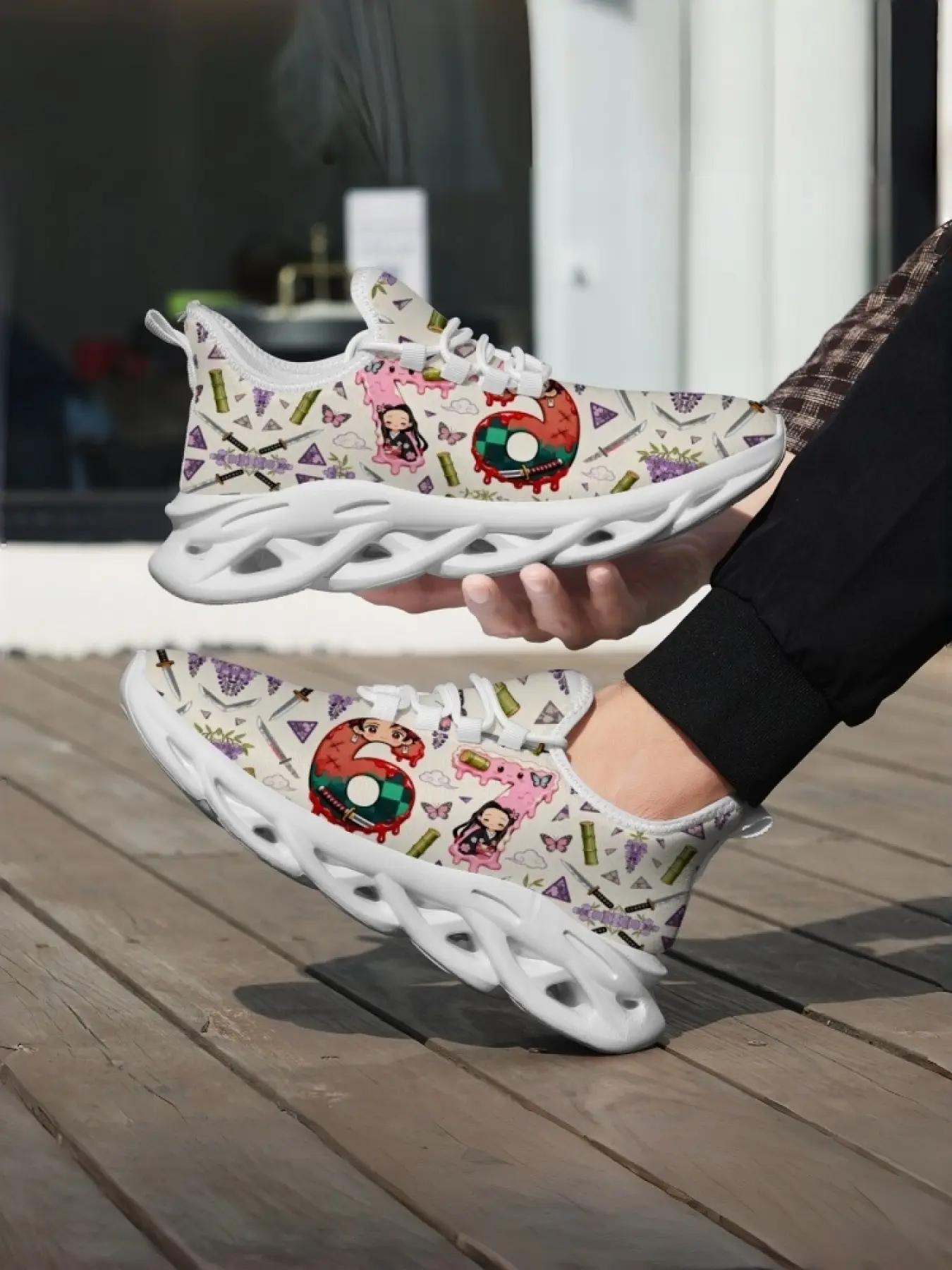 1 Pair Lace-up Men's Wave Sole Running Sneakers, Fashion Running Sneakers Off-white Base Donut Shaped Number 67 Demon Slayer Nezuko Anime Print Street Sport Shoes Daily Walking Demon Slayer Fan Jogging Training Wear-resistant Elastic Laces Breatha