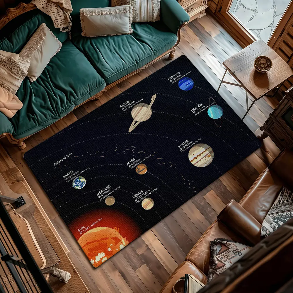 Flannel Solar System Planet Print Area Rug, Space Universe Pattern Carpet for Kids Bedroom Study Room #SolarSystemRug #SpaceThemedRug #PlanetPrint #FlannelRug #KidsRoomDecor