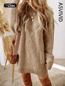 Women's Solid Textured Cozy Cable Knit Drop Shoulder Sweater Dress, Casual Long Sleeve Round Neck Jumper Dress for Fall & Winter, Women's Knitwear for Daily Wear Womenswear