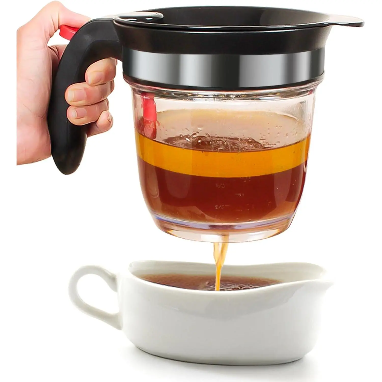 Grease separator with bottom drain, 4-cup oil separator, with oil filter, kitchen grease separator, comes with a 3-in-1 multifunctional peeler (red)