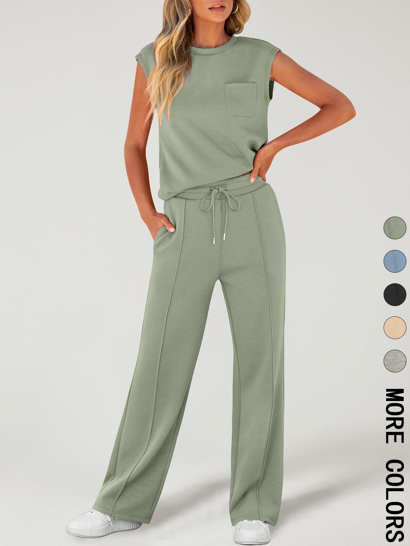 Women's Solid Fitted Tank Top with Pockets & Drawstring Waist Pants Two-piece Set, Casual Sleeveless Round Neck Top & Trousers for Daily Wear, Ladies Two-piece Outfits for All Seasons, Clothes, Womenswear