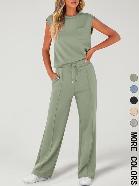 2 Piece Women's Sleeveless Casual Sports Set, Fashionable Wide Leg Athletic, Stylish Sportswear for Comfort, Athleisure Wear Set