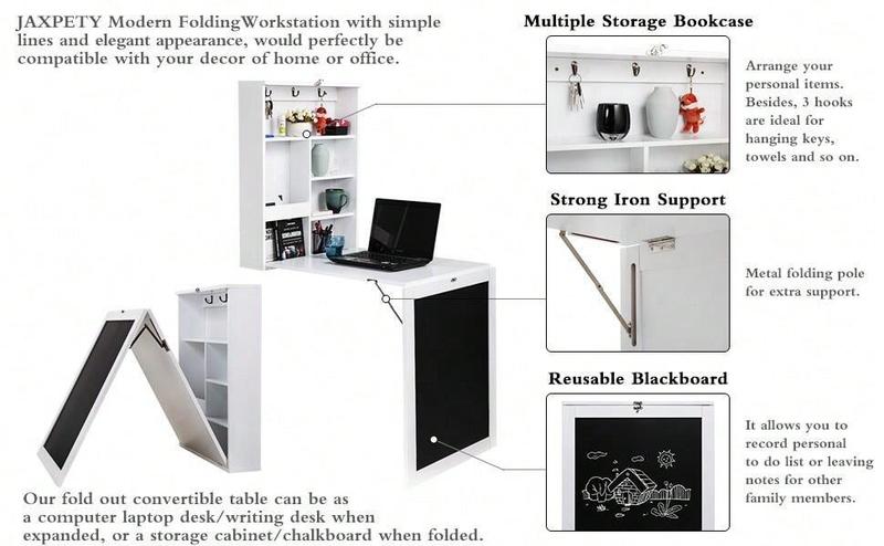 Indoor furniture  Folding Floating Convertible Wall Mounted Table Space Saving Computer Laptop With Storage Bookcase Chalkboard Foldable Writing Desk Home Bed Room Office Furniture White Black