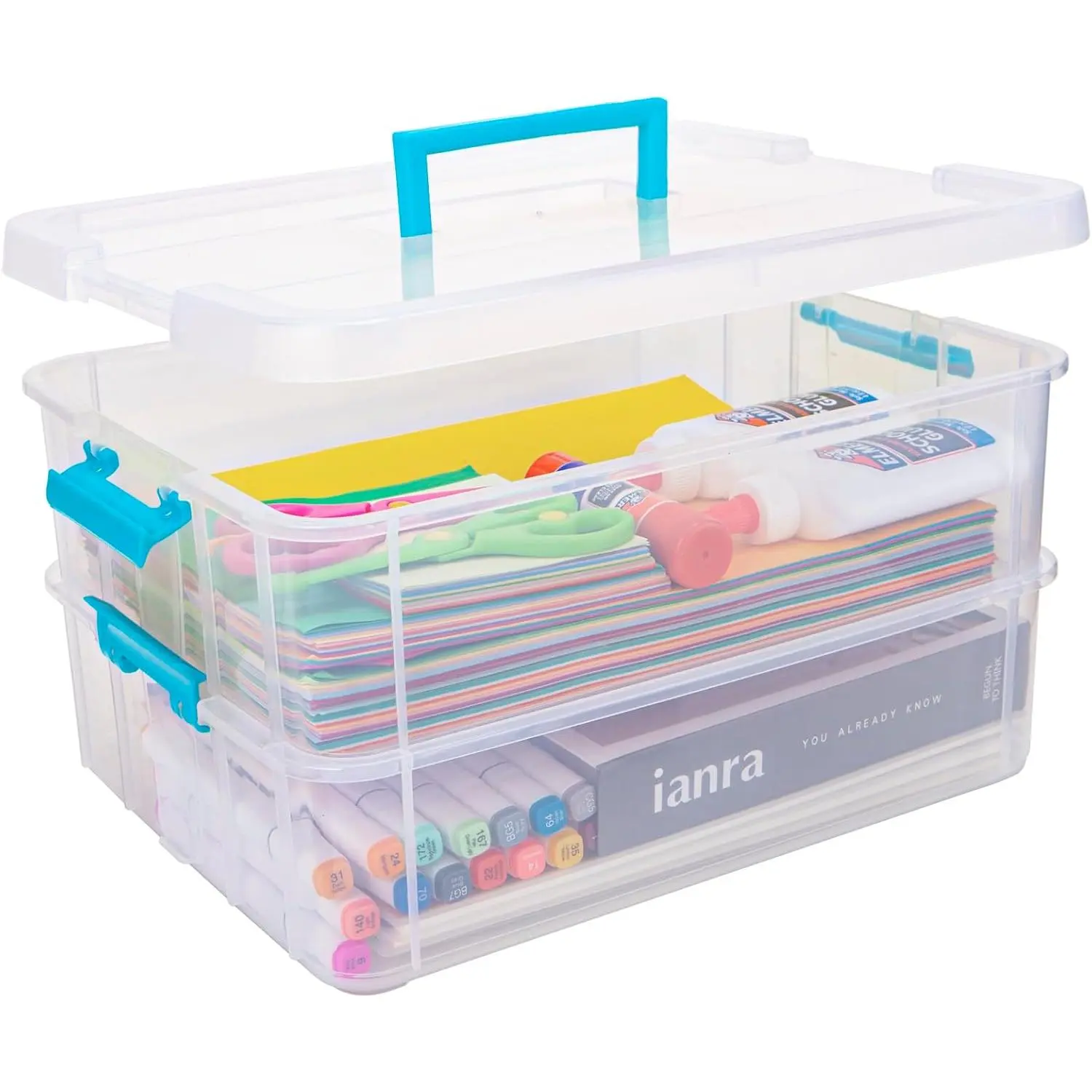 2 Layer Plastic Storage Containers with , Multipurpose Clear Stack & Carry Box, Portable Craft Organizers and Storage Bin for Organizing Art & Craft, Sewing, Makeup,  Supplies (Blue)
