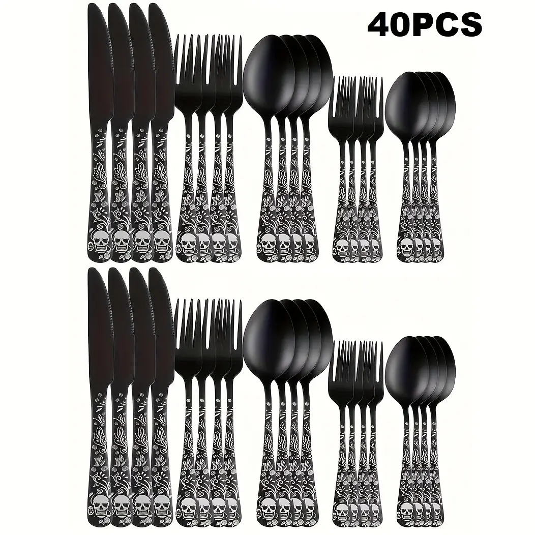 Gothic Skull Pattern Tableware Set, Cutlery Sets, Stainless Steel Spoon Fork Knife, Dishwasher Safe, Polished Finish, 5/40/60 Piece Sets