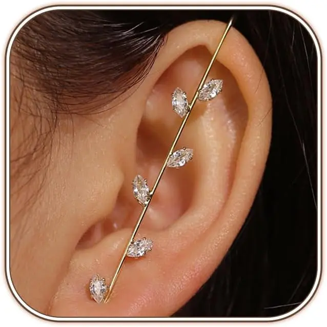 Women's Vintage Metal Hook Earrings - Crystal CZ, Star-Shape Lightning Bolt, Exaggerated Long Crawler Ear Cuff for Females (Gold, Silver), Exaggerate Climber, 1 Pair