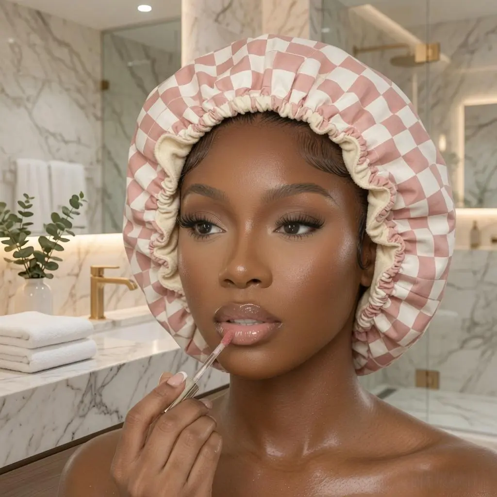 Women's 3-Layer Dual Waterproof Plaid Shower Cap - Satin-Lined Premium Reusable Soft Elastic Bath Hat for Long Thick Curly Hair Protection, Adult, Hair Care Cap, One Size