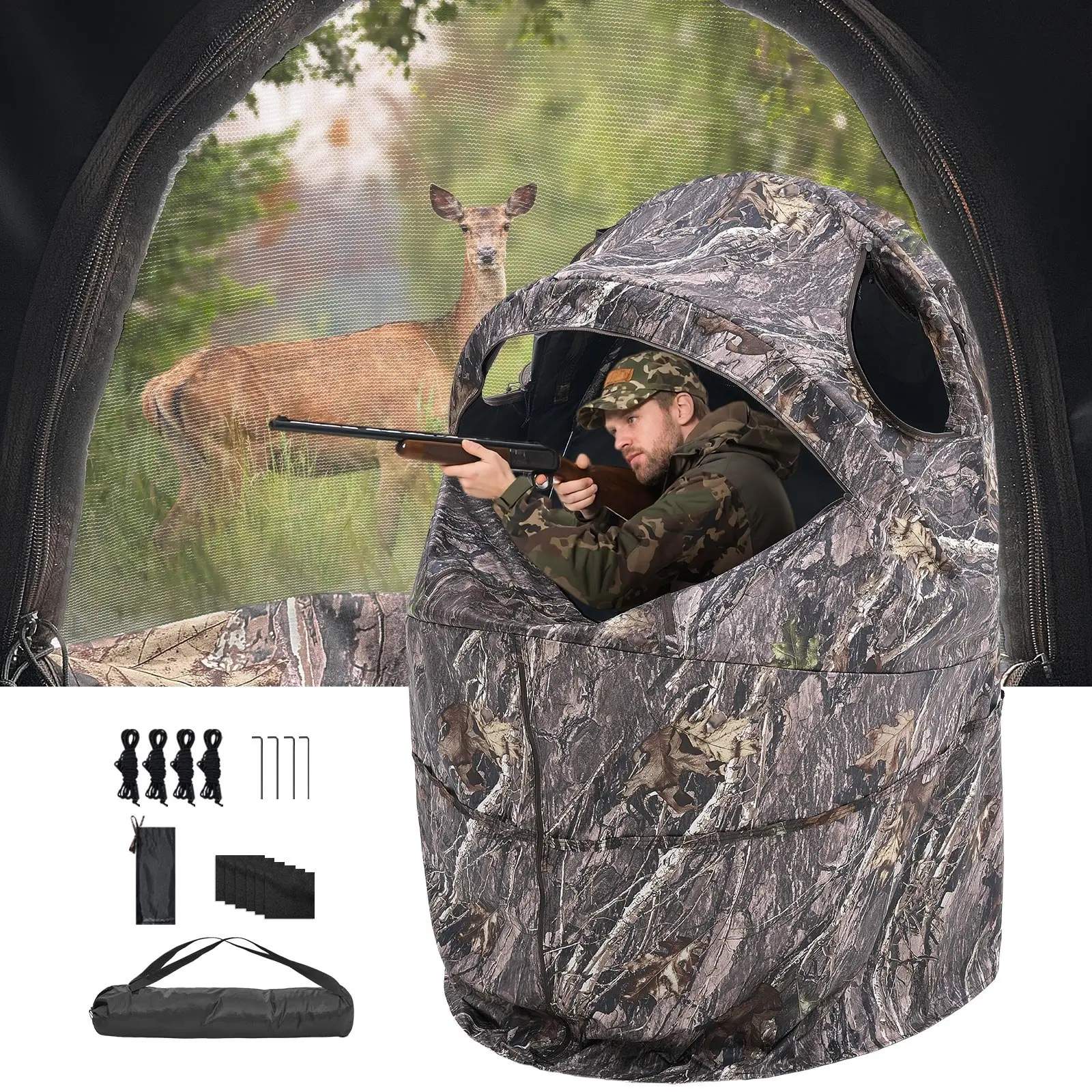 VEVOR Single-Person Hunting Blind, 44x36x53 in 4.32 kg Camouflage Waterproof Concealed Shelter with Fabric, Detachable Fabric, Aluminum Hubs, Compact Fold, Reinforced Durable Build, Silent Zipper Door & Window, Carry Bag for Deer/Turkey Hunting