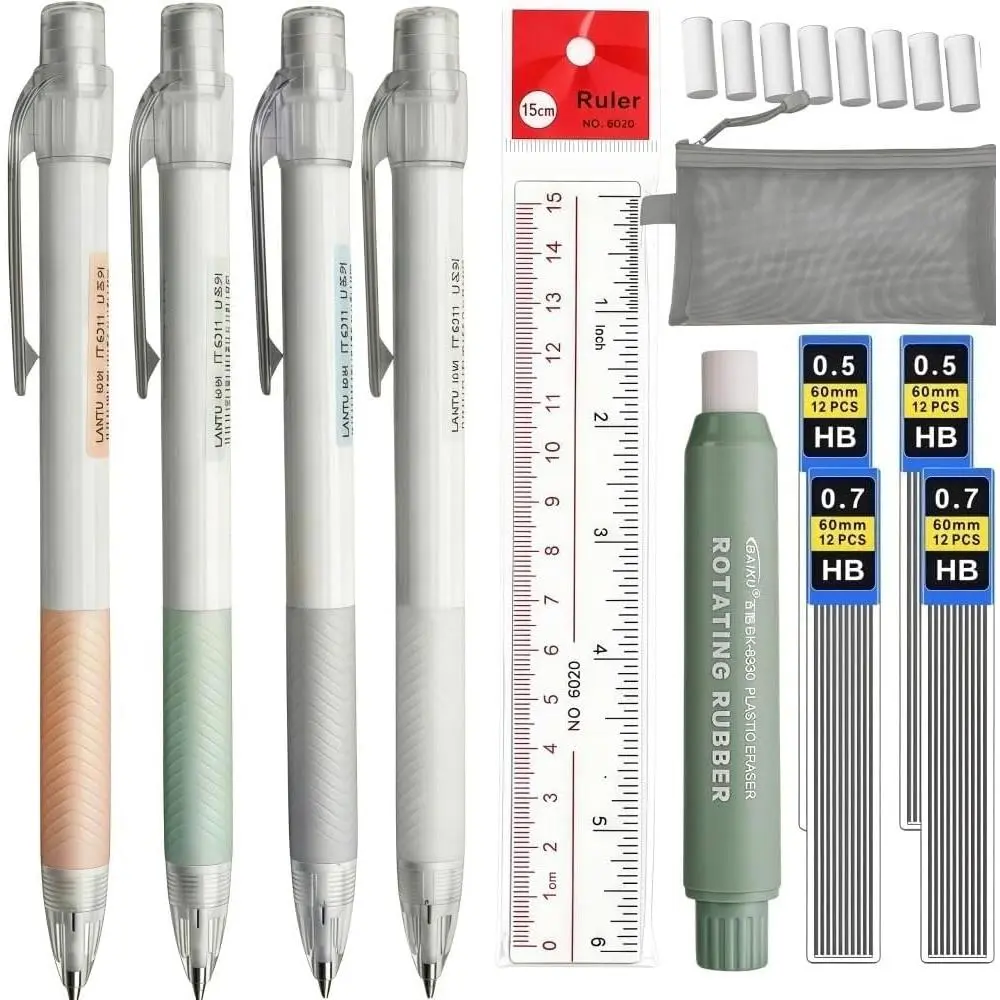 Mechanical Pencil Set with Case: 0.5mm 0.7mm Cute Pencils, Lead Eraser Refills, Ruler – Ideal for Students, Teachers, Writing, Drawing, School daily use (0.5mm 0.7mm)