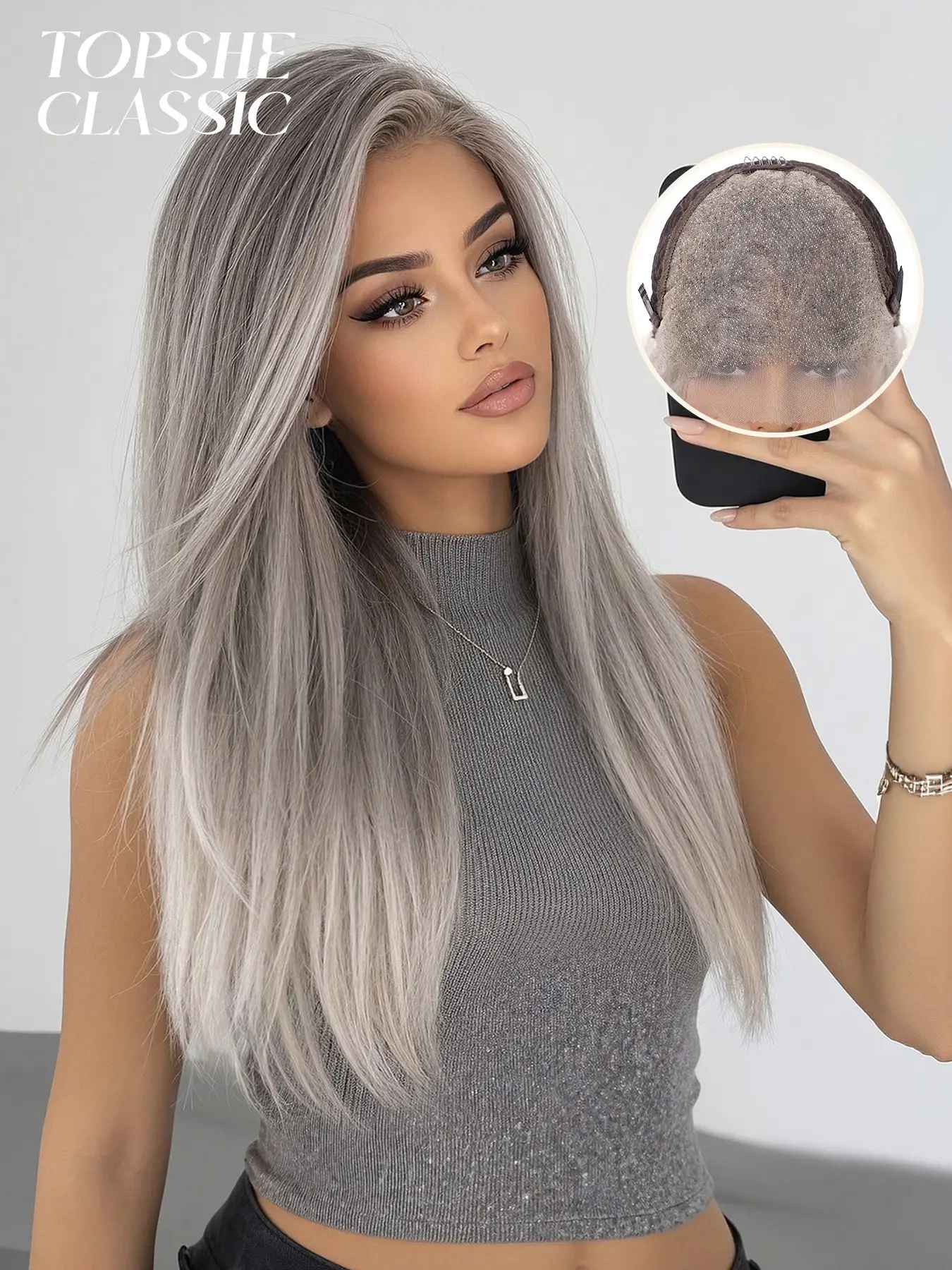 Women's Medium Straight Wig, Silver Color, 22 Inches, Butterfly Layered Cut, Pre-Trimmed Lace, No Glue, Natural Hairline, All Seasons, Synthetic Wig