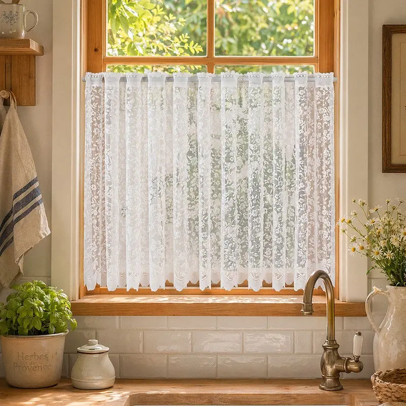 1pc Lace Coffee Curtain, French Lattice Kitchen Window Sheer, Elegant Short Decorative Curtain, Light-Transmitting Luxury Design, Sheer Kitchen Curtains