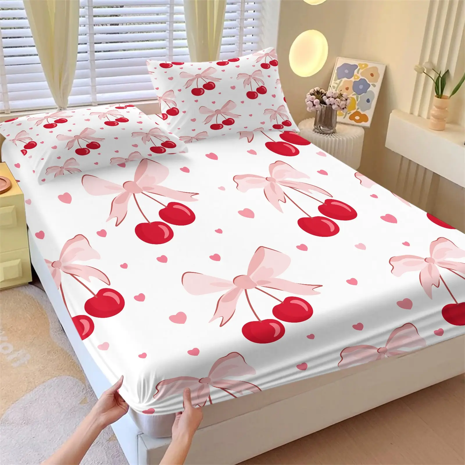 3Pcs Cherry Pink Bow Heart Print Fitted Sheet Set, Stylish Coquette Aesthetic Bed Sheet Set, Soft Microfiber Bedding Set with Pillowcases, Perfect for Girls Bedroom & Dorm Decor - No Filling
