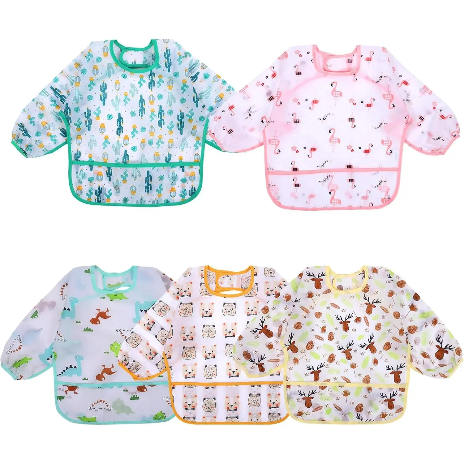 5 Pack Long Sleeve Bibs, Baby Smock Waterproof Sleeved Bib Smock  Baby Toddler 6-36 Months