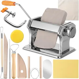11 Pcs Polymer Clay Roller Machine Set, Stainless Steel Clay Press Machine with 6 Thickness Settings, Handbuilding Kit with Sculpting Tools Silicone Mat and Canvas Cloth for DIY Crafts