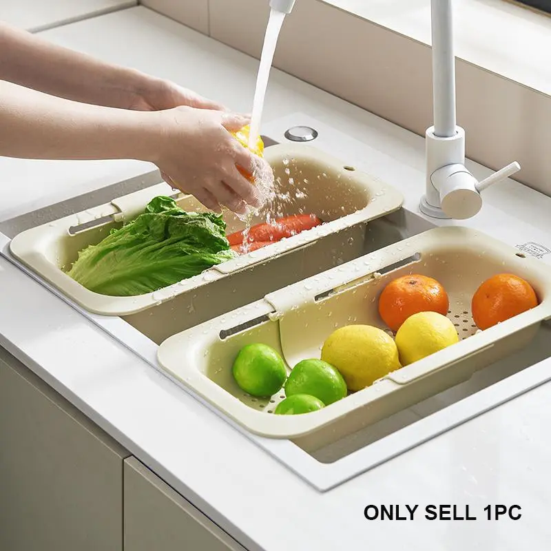 Collapsible Drain Basket, Kitchen Sink Strainer,Vegetable Wash Basket, Storage Rack, Fruit and VegetableDrain Basket, Milky White,Draining Utensils