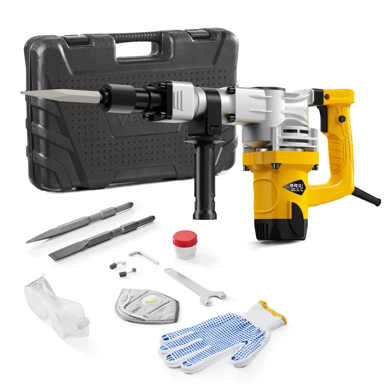 【DealsForYouDays】VEVOR Demolition Jack Hammer, 1400W Electric Jackhammer Heavy Duty, 2900 BPM Jack Hammer Concrete Breaker, with 1 Point Chisel, 1 Flat Chisel, Storage Case, Gloves and Goggles, for Demolition
