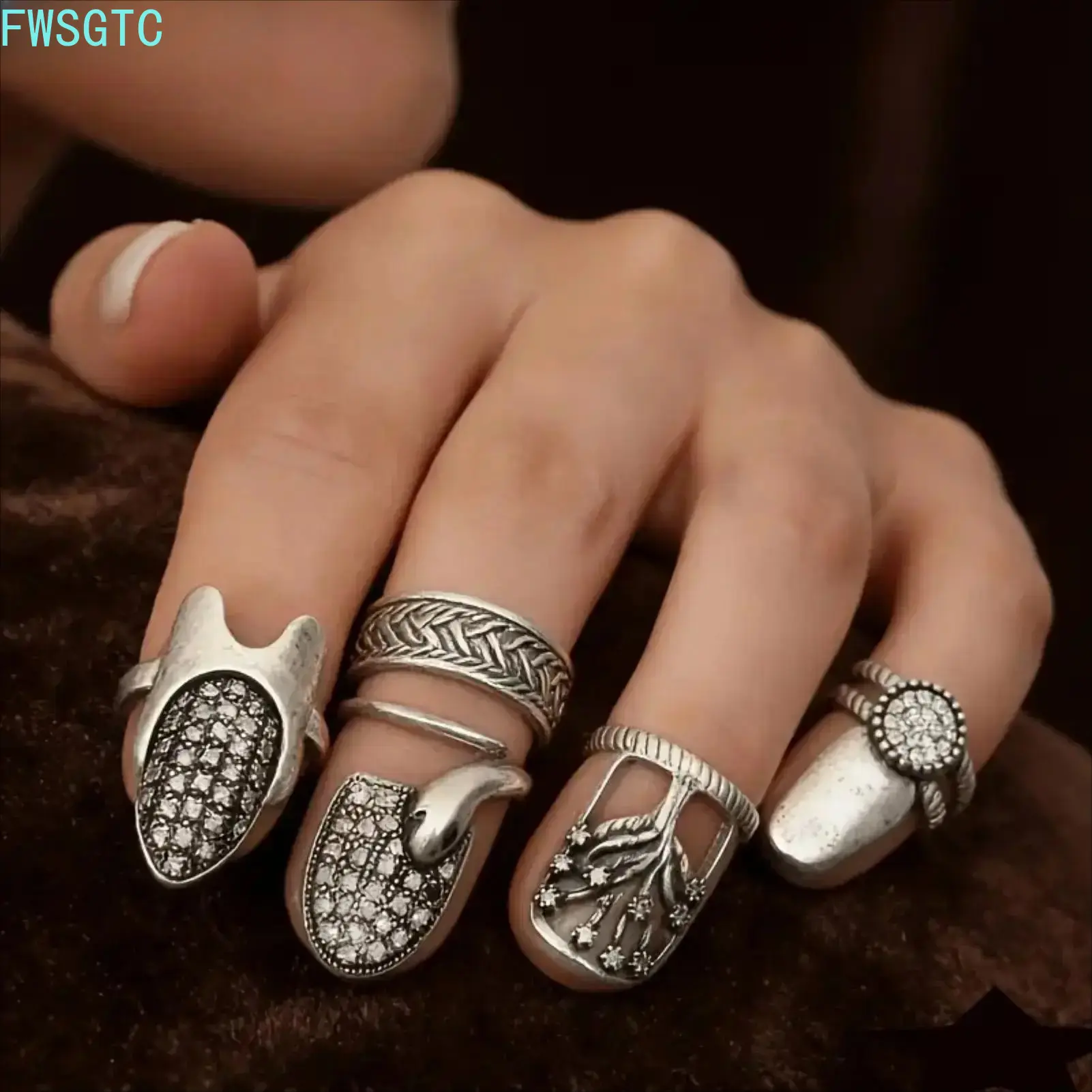 4Pcs Bohemian Vintage Nail Ring Set Adjustable Open Fingertip Jewelry One Size Women Trendy Accessories For Daily Party Valentine Gift summerwins