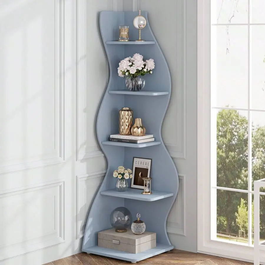 5-Tier Corner Shelf, Rustic Corner Bookshelf, Stylish Corner Small Bookcase Storage Rack Plant Stand With Unique Shape Living Room, Home Office