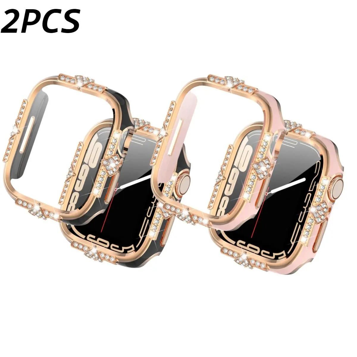 2PCS 2 In 1 Watch Case With Tempered Glass Screen Protector, Laser Engraved Rhinestone Two Tone Protective Cover Compatible With Apple Watch All Series, Shiny Stylish Daily Accessory (No watch) tiktokshopbacktoschool
