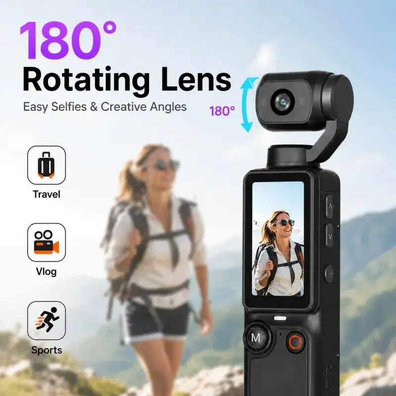 Portable Digital Camera for Kids Adults, Q7 1080P Handheld Vlog Camera with 1.9 Inch Screen, 180 Rotating Lens, AF Focus, Fill Light, 2000mAh Battery, Photo Video Recorder for Travel Sports