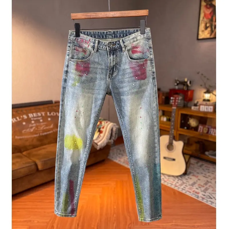 Men's Slim Tapered Cropped Jeans in Vintage-Wash Stretch Denim with Custom Painted Graphic and Ripped Details, Custom Painted Men's Jeans, Cropped Men's Jeans