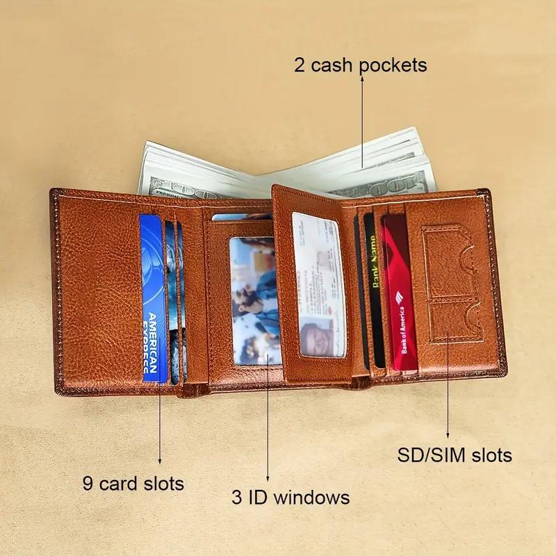 Premium Men’s Trifold Wallet - RFID Blocking Genuine Cowhide Leather, Dual ID Windows, Large Capacity with Photo Slot, Retro Style RFID Anti-Theft Brush Short Wallet for Daily & Business Use