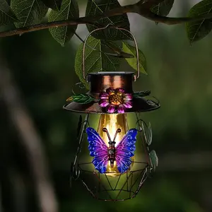 Outdoor Solar Hanging Light, Metal Butterfly and Flower Decorative Vintage Lamp, Waterproof Garden Patio Path Lighting, Holiday Gift