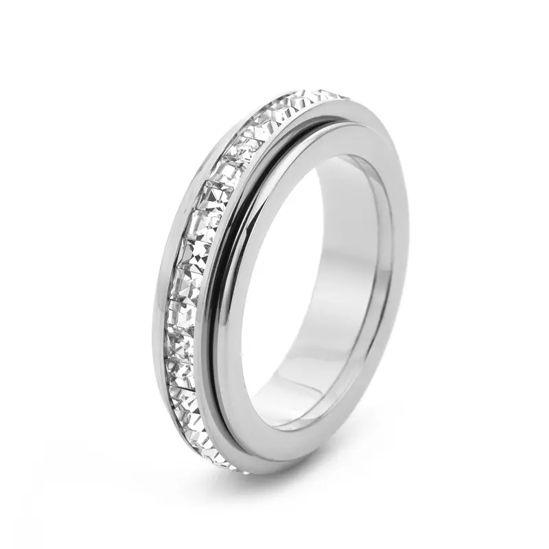 Unisex 5mm Single Row Square Crystal Rotatable Double Layer Titanium Steel Ring - Polished Surface, Wear-Resistant Texture, Freely Spinning Outer Inlay Couple Band