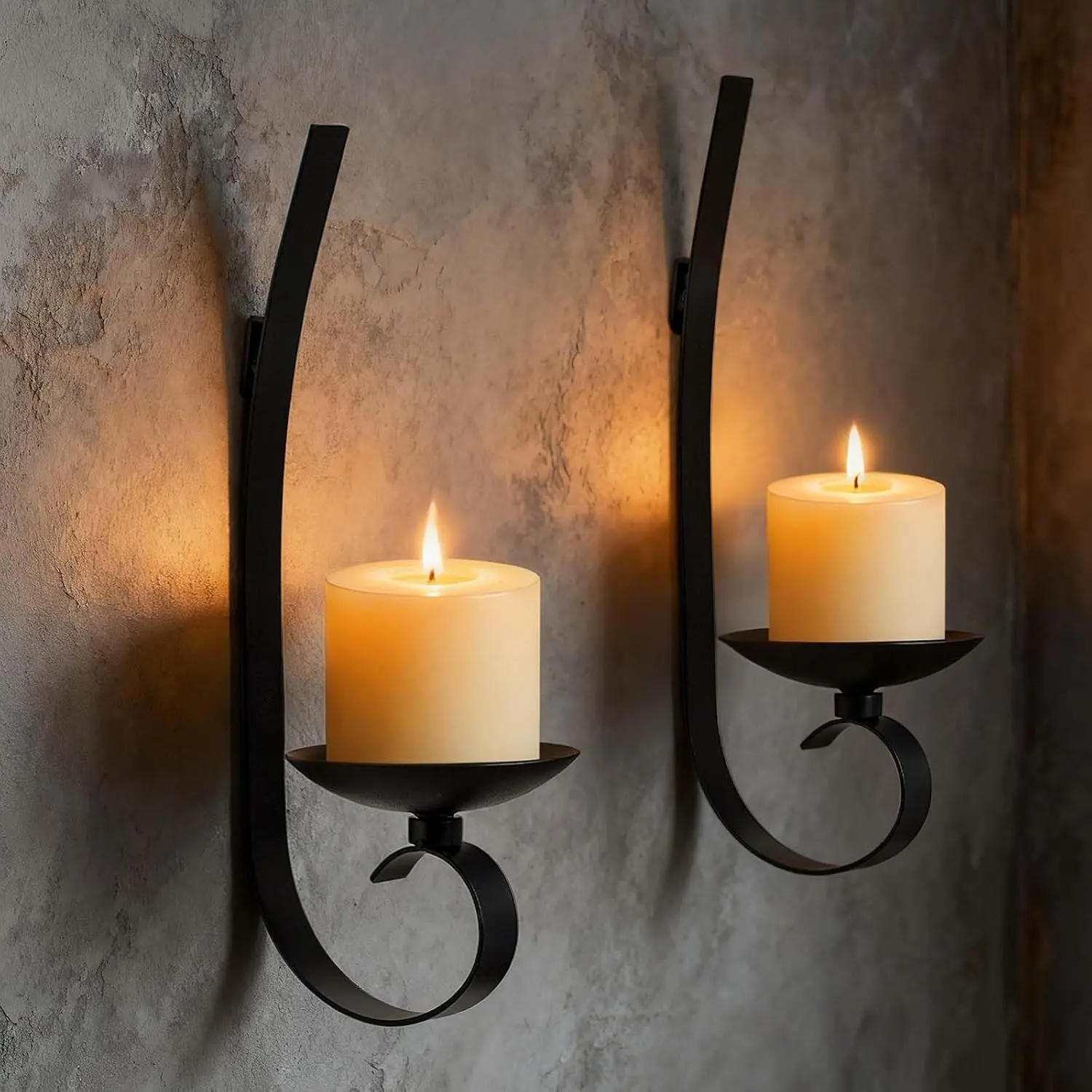 Set of 2 Black Wrought Iron Wall Mount Candle Sconces - Farmhouse Style Hanging Candle Holders for Living Room, Bathroom, Dining Room, and Window Decor (2, Black-B Style) (no Candles)