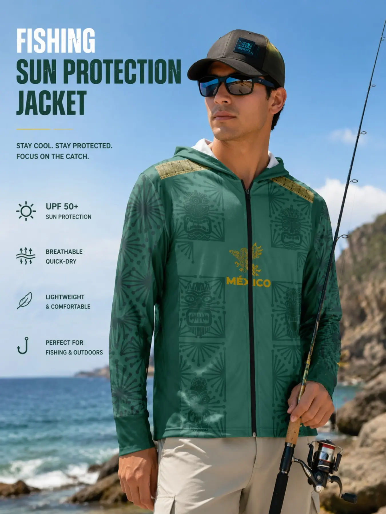 Mexico Sun Protection Fishing Suit, Mixed Color Hooded Sports Jacket, Outdoor Fishing, Sailing, Hiking, UV Blocking Fabric