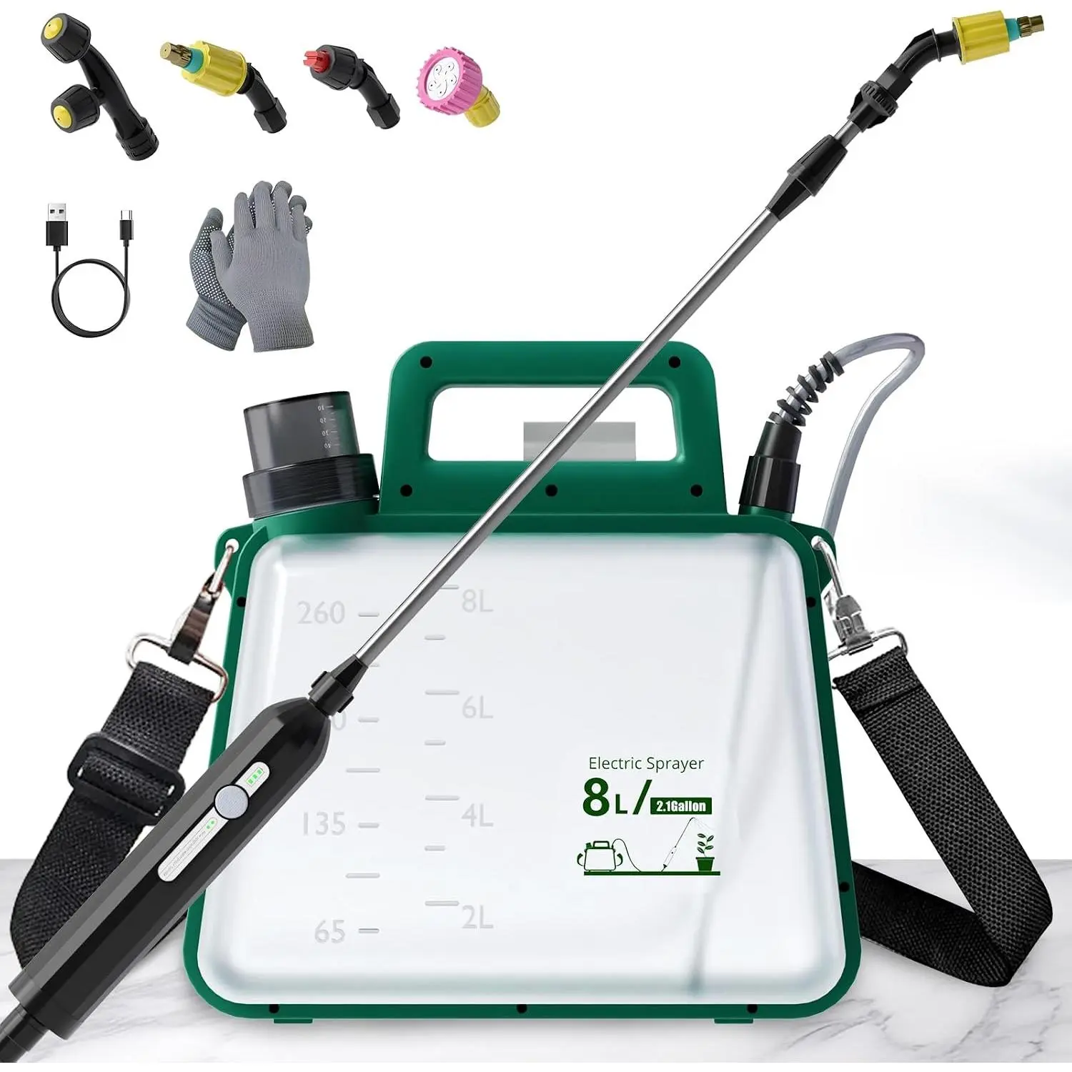 Battery Powered Sprayer 2.1 Gallon, 2500mA Electric Weed Sprayer with Handle, 4 Mist Nozzles, 37" Retractable Wand, Shoulder Strap, Pump Sprayers in Lawn & Yard (Green)