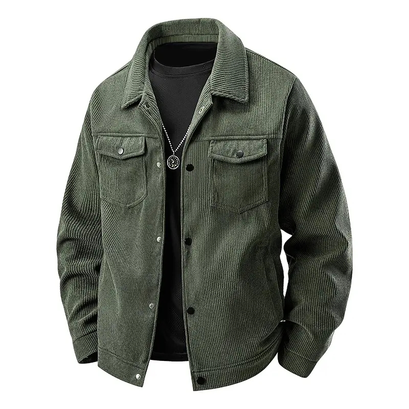 Men's Green Corduroy Trucker Jacket, Lapel Collar With Snap Button Closure, Double Chest Flap Pockets, Casual Long Sleeve Outerwear Suitable For Daily Travel, Street Style And Casual Matching Outfits