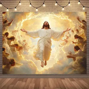 Jesus Ascending Backdrop Heavenly Angel Religious Background Cloth Spiritual Tapestry Wall Hanging Photography Background Polyester Fiber Church Wedding Family Celebration Holiday Decor Studio Prop