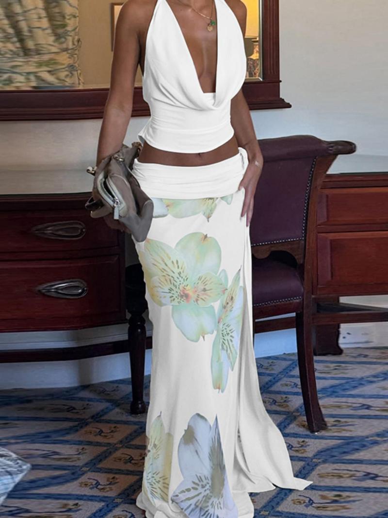 Women's Backless Halter Top & Floral Print Skirt Two-piece Set, Sleeveless Top & Skirt Set, Ladies Summer Clothes Beach Outfits Set for Beach Holiday Vacation