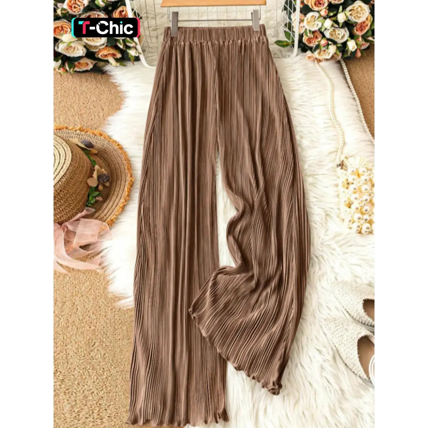 New Women’s Striped Pleated Ruffle Design Casual Wide Leg Pants, Trendy Long Pants Stylish, Casual Beach Pants, Comfortable and Chic Ladies Fashion, Womenswear