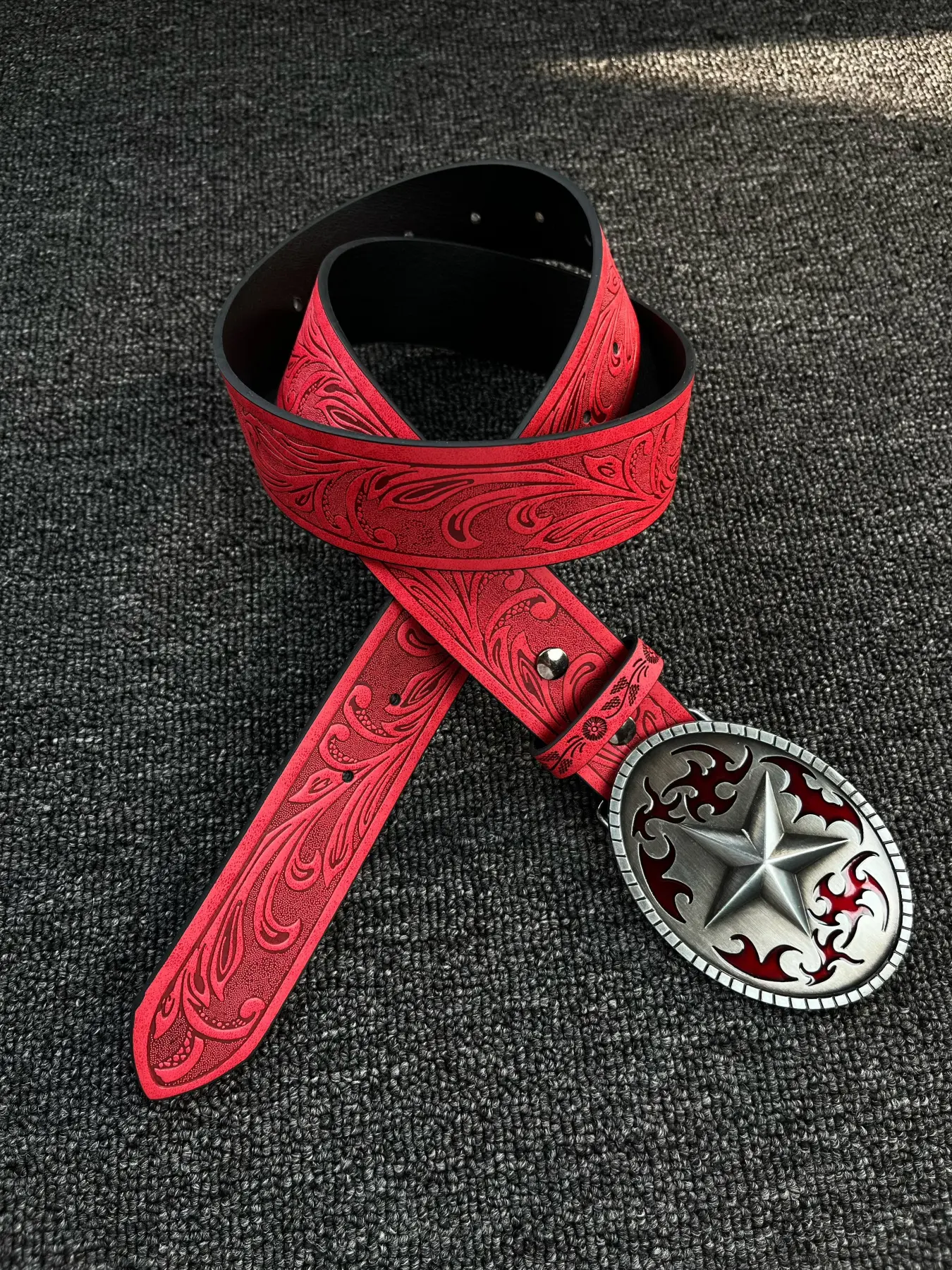 Unisex Flame Pentagram Embossed Pattern Belt American Retro Motorcycle Punk Style Waist Accessories Trendy Belt