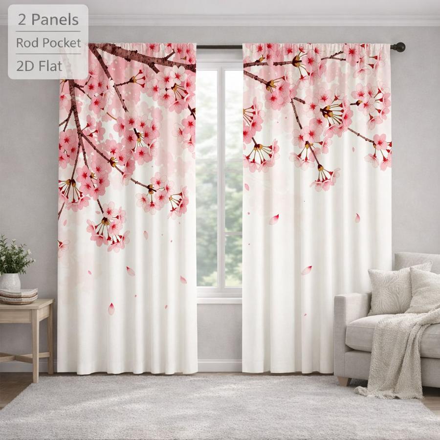 2Pcs Japanese Style Cherry Blossom Pink Floral Sun Blocking Curtains Digital Printed Rod Pocket, Window Treatment For Bedroom Office Kitchen Living Room Study Home Decor