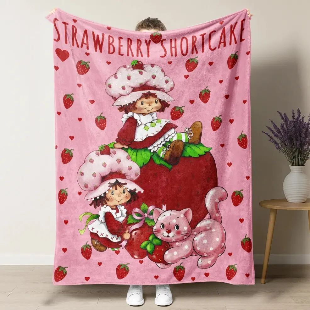 Strawberry Shortcake & Cat Vintage Flannel Blanket, Baby Blanket & Adult Blanket, Pink Double Character & Strawberry Print Soft Throw Blanket, Perfect Holiday Birthday Gift for Kids & Nostalgia Lovers, Lightweight Bed Blanket for All‑Season Sleep, Sofa Be