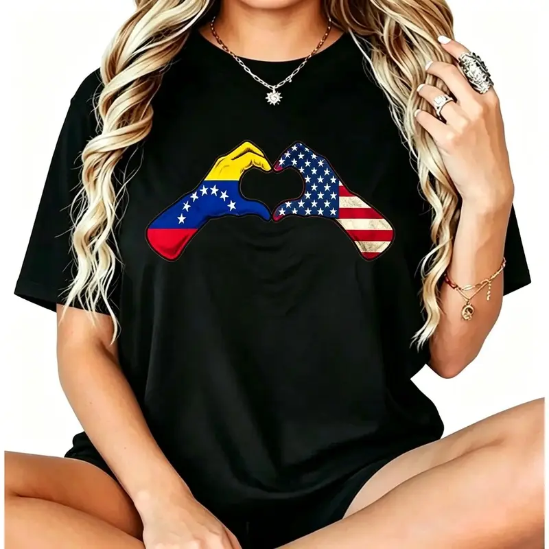 Men's/Women's Soft Oversized Short-Sleeve Round Neck Printed Cotton Sports T-Shirt - Comfortable Casual Everyday Top with Venezuela & USA Heart Emblems