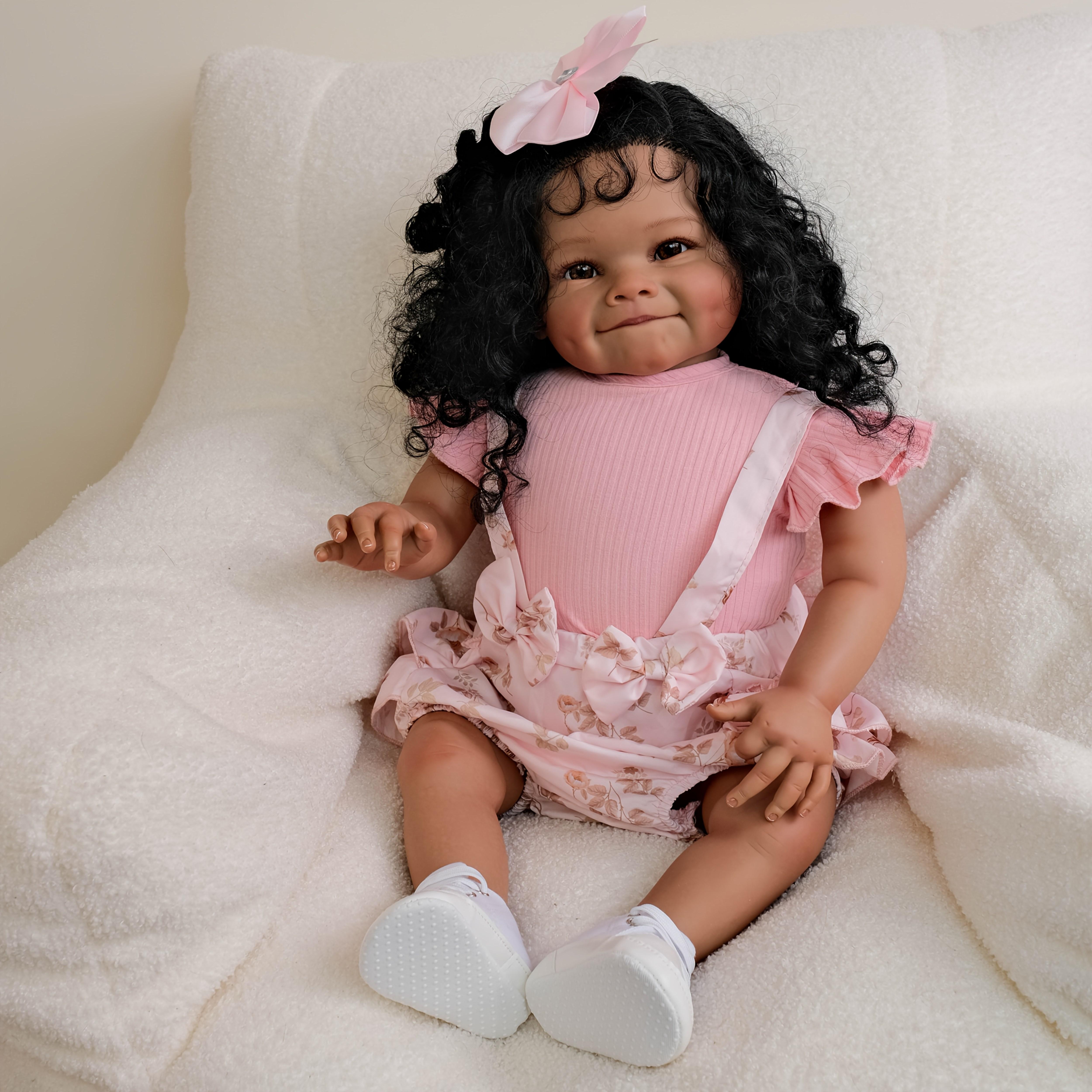 A complete set for the baby 24inch Realistic Reborn Girl Smile Doll Soft Touch HandPainted 3D Light Beige HandPlanted Curly Black Hair for Play and Collection with Clothing and Accessories Ideal for Birthday Gift A complete set for the baby 24inch Realistic Reborn Girl Smile Doll Soft Touch HandPainted 3D Light Beige HandPlanted Curly Black Hair for Play and Collection with Clothing and Accessories Ideal for Birthday Gift