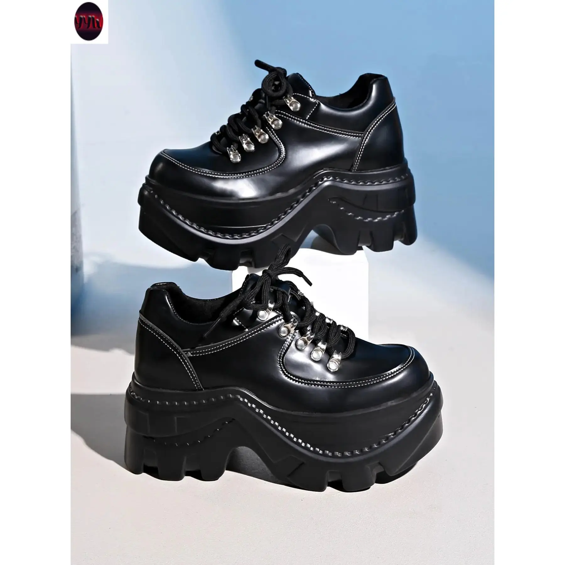 YYW1 Women's Thick Sole Platform Shoes, Gear Bottom Small Leather Shoes, Gothic Style, Metal, British Knot, Height Increasing, Casual, Rubber, Walking Shoes,, Footwear
