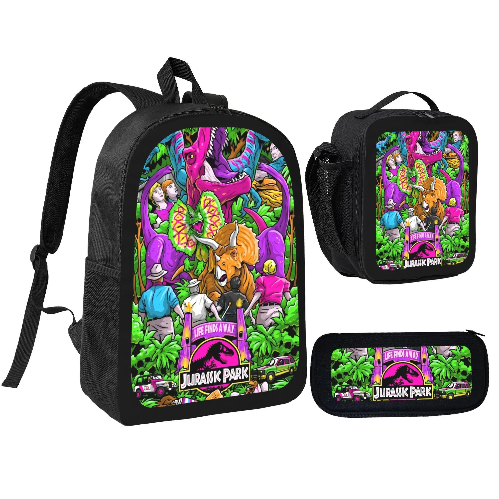 Unisex 3-in-1 Back to School Youth Backpack Set Pack, Vibrant Cartoon Dinosaur Animal Jurassic Park Graphic, Includes Lunch Bag & Pencil Case for Elementary School Functional Bag