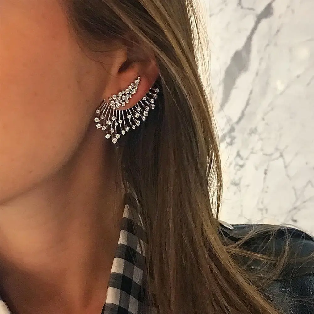 Women's Statement Ear Climber Earrings, Silver Asymmetric Geometric Cuff and Sunburst Ear Jacket with Micro-Pave CZ, Outdoor, Female, Sports, Cuff Statement Piercing, Camping, Rhinestones, Hammocks, Action & Adventure, Climber Type, Radiant Sunburst, Fema