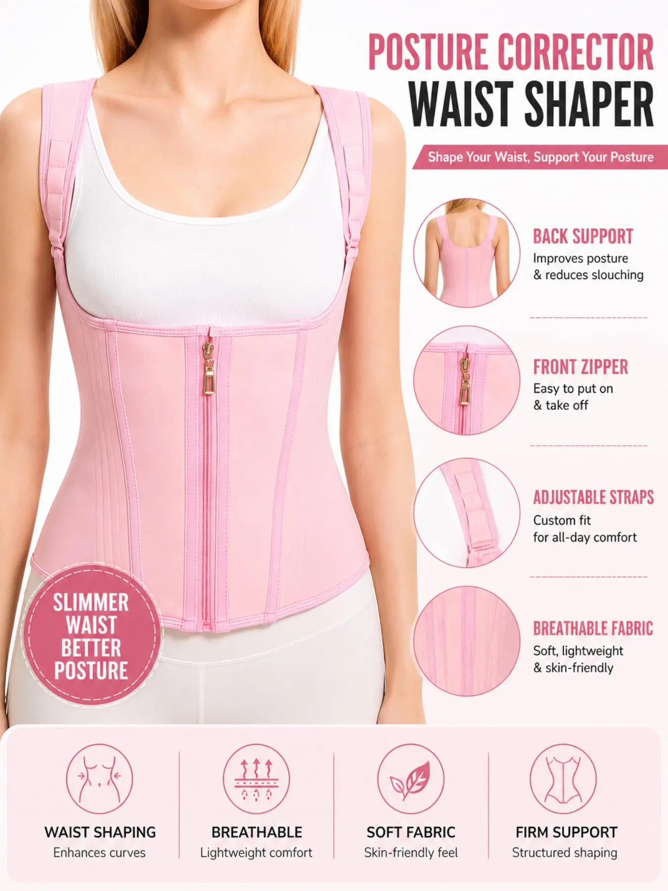 Women's Plain Adjustable Hook and Zipper Shapewear Top, Waist Cinching Bodycon Bra, All Season Ladies Shapewear, Valentine's Day Gift, Underwear